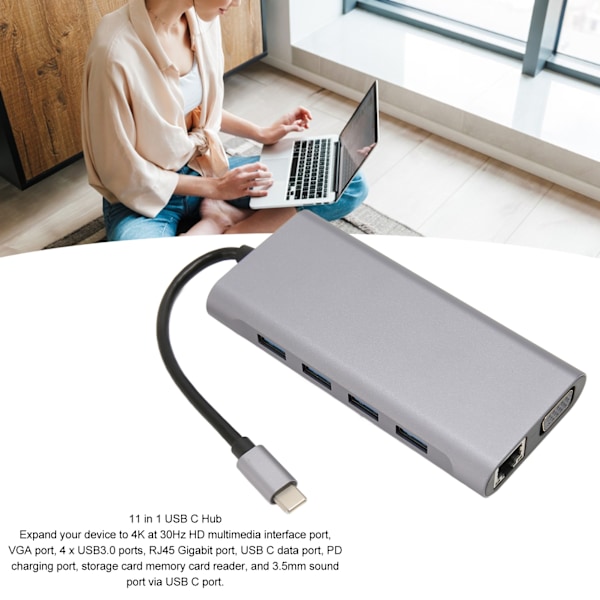 11-in-1 USB-C-keskitin, moniporttisovitin, 4xUSB3.0 HD 4K VGA RJ45 Ethernet PD -lataus 3,5 mm ääni USB-C-telakka-asema