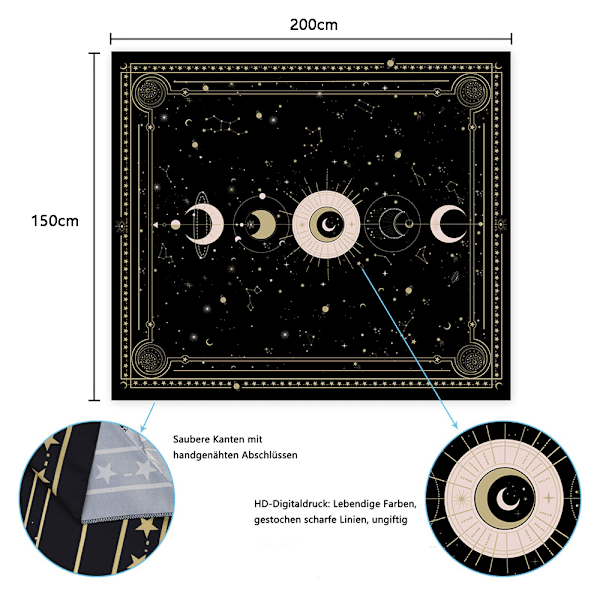 Månefase Gobelin Mystisk Konstellation Stjernehimmel Tarot Kort Vægophæng Æstetisk Retro Astrologi Vægkunst til Soveværelse Stue Sort