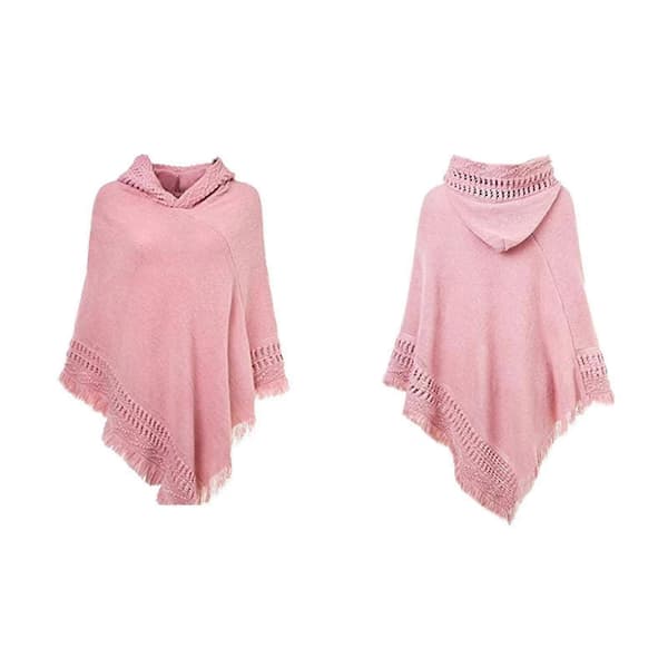Strikket hætteponcho til kvinder, ensfarvet hæklet sjal med kvaster, oversized pullover-kappe Pink