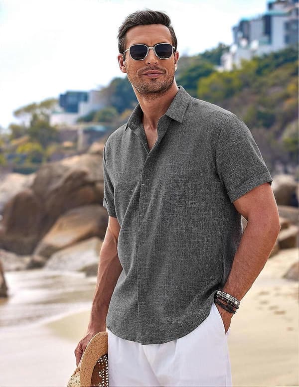 Letvægts hør casual button-down kortærmet skjorte til mænd Dark Grey M