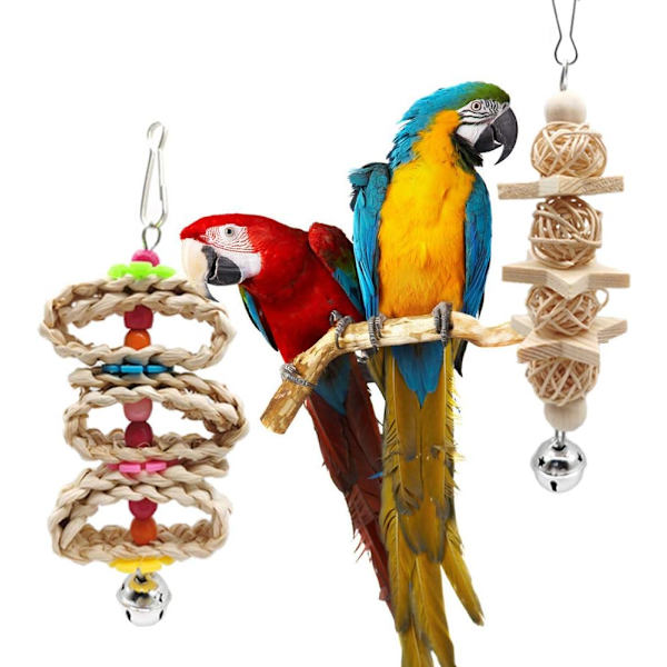 8-pack fågelpapegoja klocka gunga leksaker, fågel leksak tuggleksaker gjorda av naturliga trä hängmatta för kakaduor, parakiter, burleksaker, nymfkakaduor, conures, kärlek