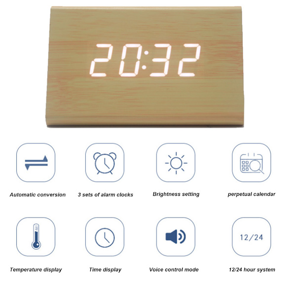 Kreativ smart LED-träklocka lysande elektronisk väckarklocka