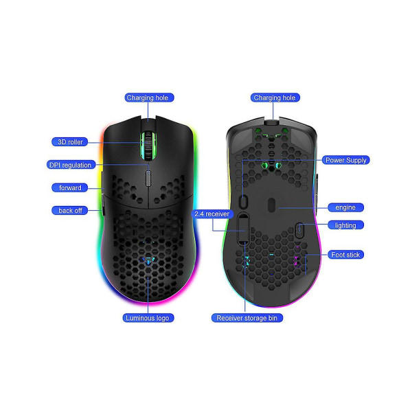Trådlös spelmus, datormus med bikakeskal, ergonomisk