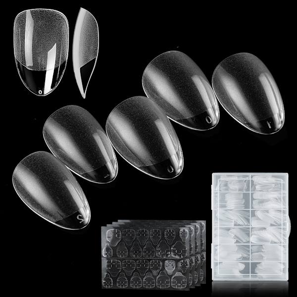 Mandelformade korta nagelspetsar, full cover nagelspetsar, förformade halvmatta spetsar naglar gelé nagelspetsar-360 stycken 12-storlekar, 4 ark nagellim