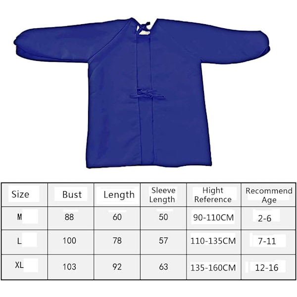 Barneforkle for maling, malingsforklær jentesmokk lang ermet forkle for skolesaker, matlaging, fargelegging, polyester blå (L)