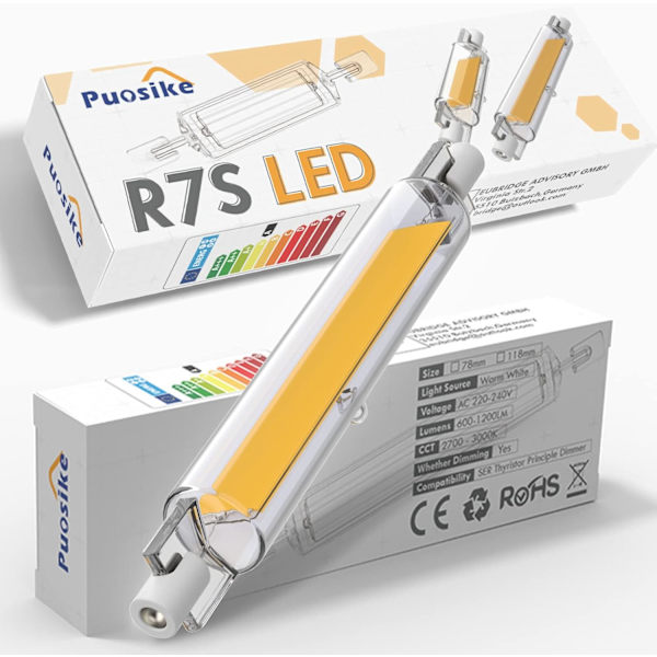 20W R7S LED-pærer 118mm dæmpbare, R7S LED-pære varm hvid 3200K, dobbeltsidede COB-pærer 1200LM, R7S LED-pærer 118mm, 360° strålebelysning, AC