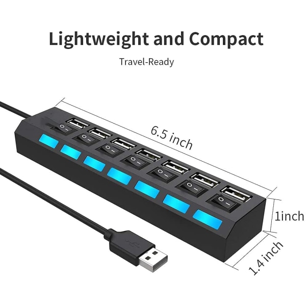 7-portars USB 2.0 Hub med individuella switchar och lysdioder, USB Hub