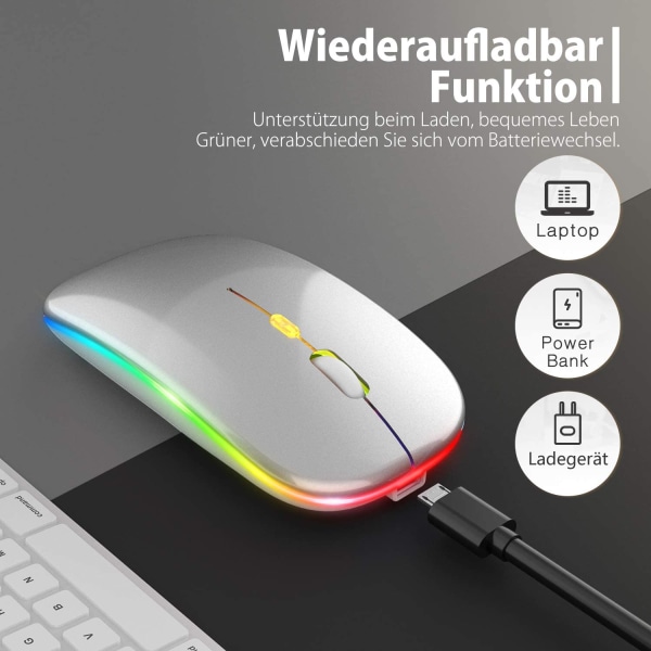 Uppdatera PC Mouse Wireless LED Uppladdningsbar Silent Wireless Mouse Silber