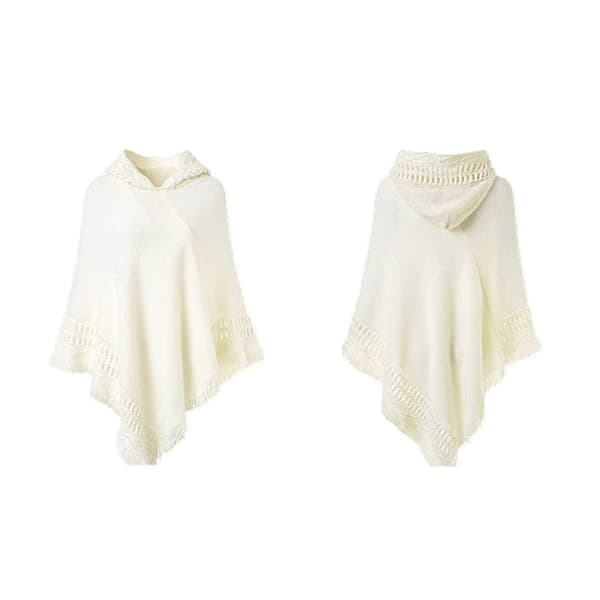 Strikket hætteponcho til kvinder, ensfarvet hæklet sjal med kvaster, oversized pullover-kappe White