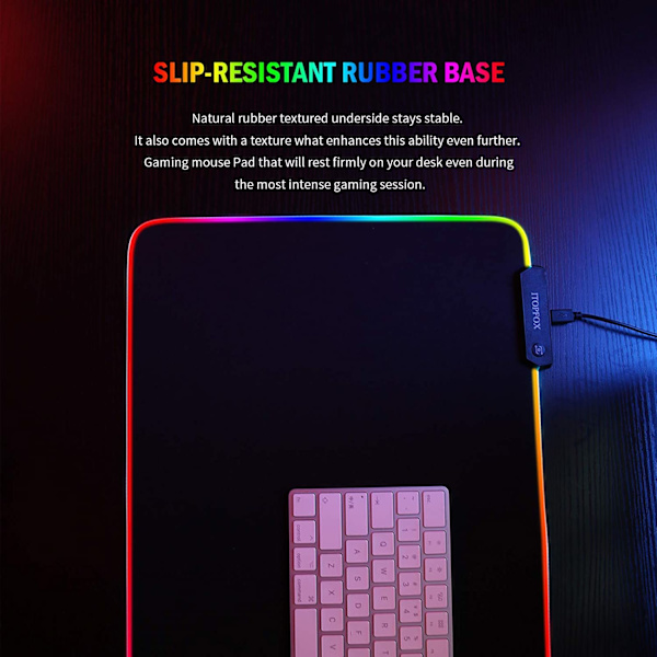 RGB Gaming Musemåtte - Stor og aflang LED Musemåtte, 14 Lystilstande, 2 Lysstyrker, Skridsikker Gummibase, Musemåtte med Vandtæt Belægning