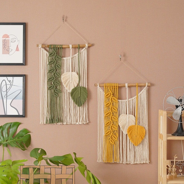 Lehdet Makramee Seinävaate Boho Koristeellinen Chic Lehti Gobelini Käsinkudottu Gobelini Boheemi Seinävaate Olohuoneen Hääkoristeluun (Keltainen)