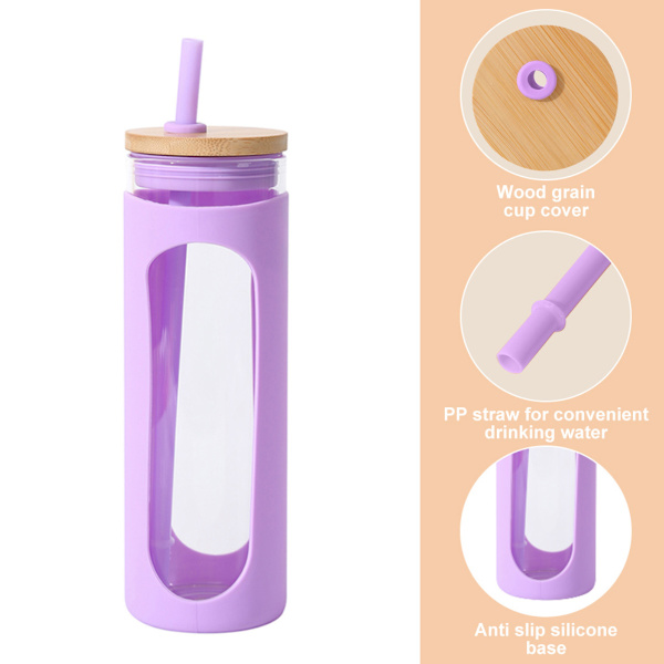 600 ml:n lasinen juomapullo, jossa bambukansi ja pilli, vuotosuojattu lasipullo, jossa silikonisuojus, ilman BPA:ta.