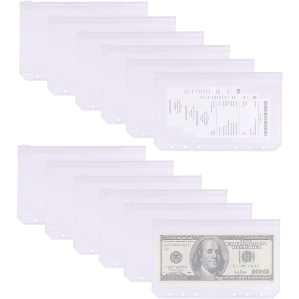 Binder Pockets A6 Cash Money Bags, 12PCS 6 Ring Zipper Cash Enve