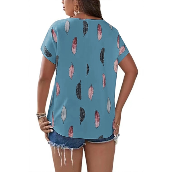 V-ringad Tryckt Blus Ledig Figurnära Kortärmad Oversized Blus för Kvinnor Dam Tjej Dejting Ljusblå M