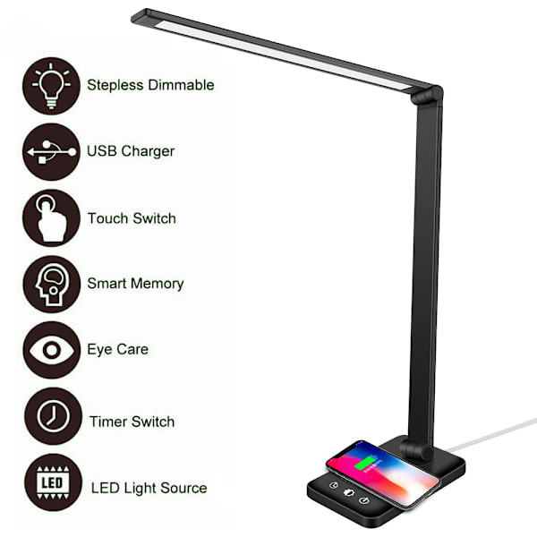 LED-pöytävalaisin, himmennettävä pöytävalaisin 6 W:n langattomalla latauksella ja USB:llä