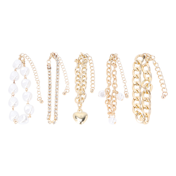 5 stk. elegant armbåndssæt imitation perler hjerte legering justerbar fashionabel hip hop armbånd guld
