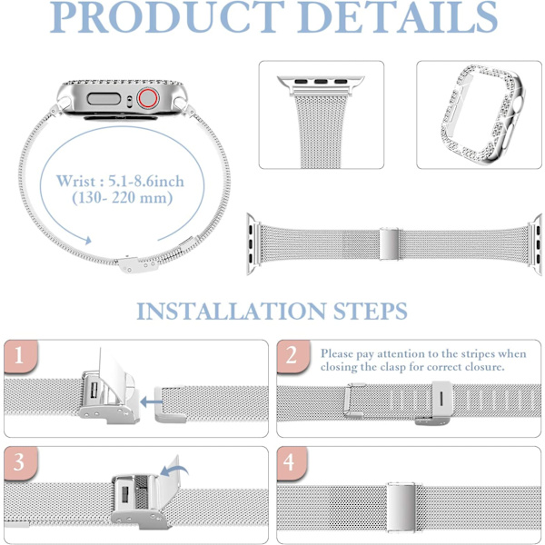 Kompatibel med Apple Watch-armband med fodral, dam flicka rostfritt