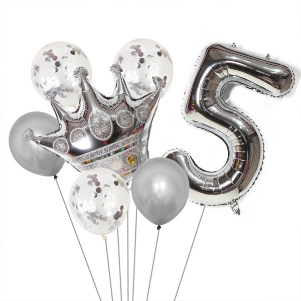 Fødselsdagspynt - nummerballon i sølv og kroneballon,