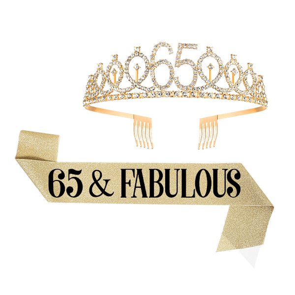 65th Birthday Sash and Crown hair band for Women, Birthday Crown for Happy 65th Birthday Party Decorations