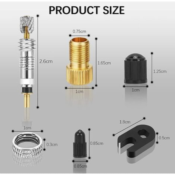 17 kpl pyörän venttiilisovitinta, rengasventtiilisovitin, pyörän venttiilihatut, Presta-venttiiliytimen E-pyörille, E-pyörille, E-skoottereille ja autoille, täytä renkaasi vakiopumppulla (kulta)
