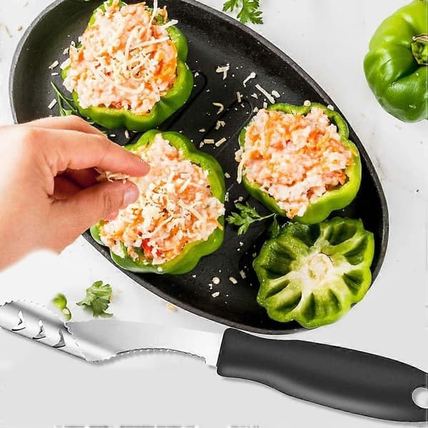 Køkkenredskab til udkerning af rustfrit stål med savtakket blad og gummigreb til fjernelse af kerner
