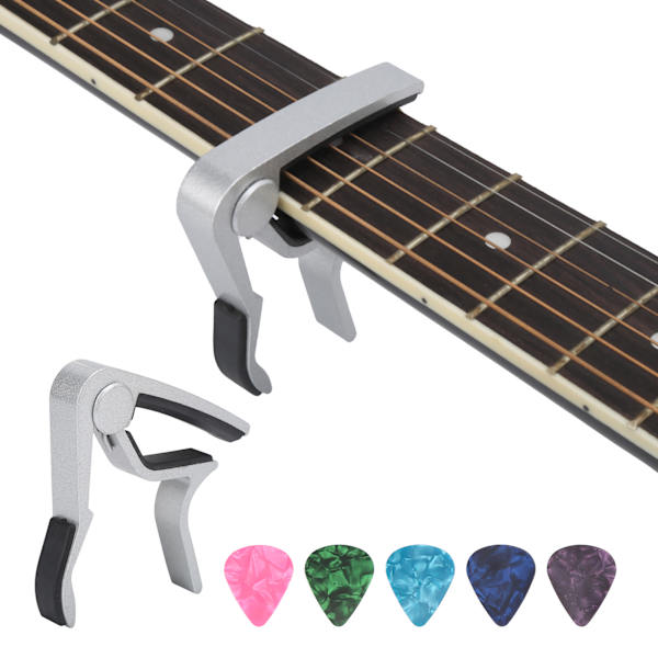 1 stk Gitar Capo + 5 stk Celluloid Plektere + Zink Legering Instrument Reparasjonstilbehør (Sølv)