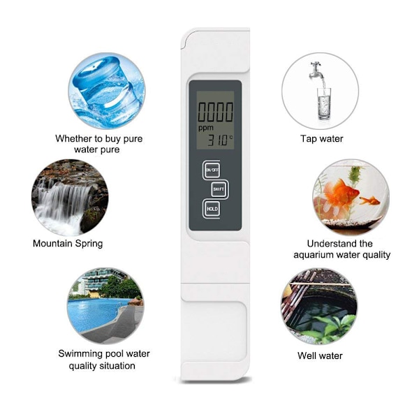 Vandkvalitetstest, nøjagtig og pålidelig, TDS-måler, EC-måler og temperaturmåler 3 i 1, 0-9990 ppm, ideel vandtestmåler til hydroponics, Ro