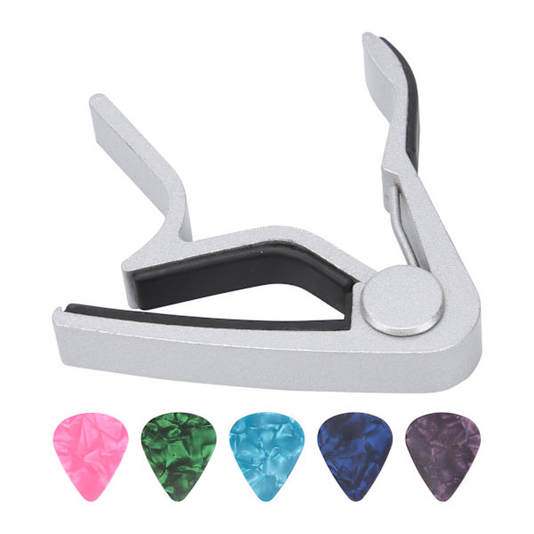 1 stk Gitar Capo + 5 stk Celluloid Plektere + Zink Legering Instrument Reparasjonstilbehør (Sølv)