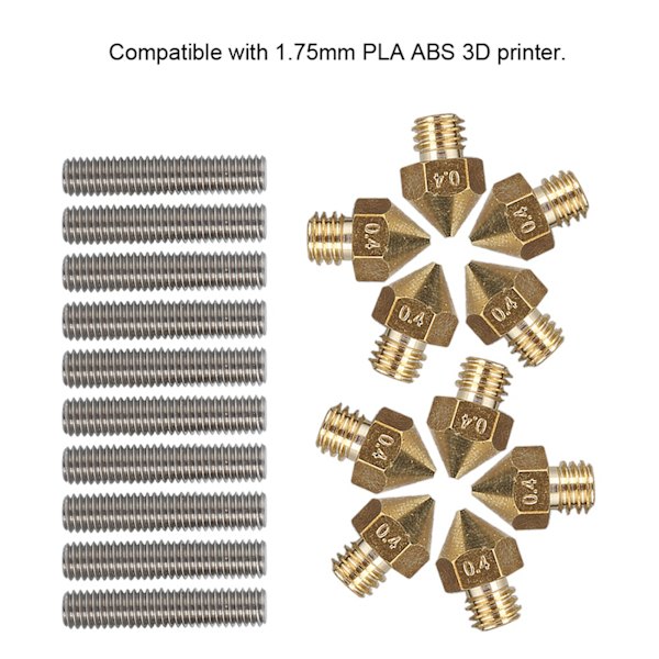3D-printerekstruder med aluminiumsvarmeblok 10 stk. ledning (30 mm) og 10 stk. 0,4 mm dyse