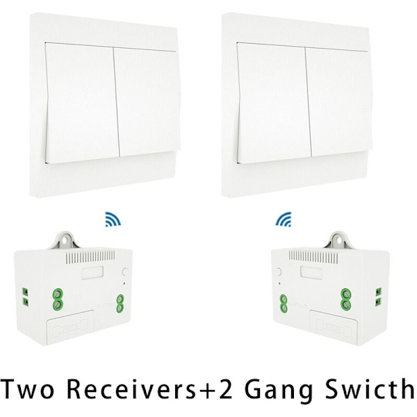 Trådløs afbryder- og modtagerkit 110-230V Selvdrevet afbryder Fjernbetjent belysningsarmatur, Model: Hvid 2 modtagere 2-knaps afbryder