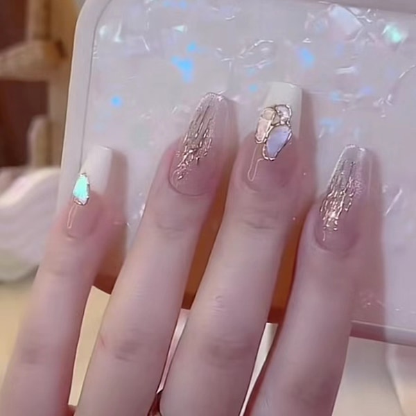 Långt tryck på nagel medium kista nagelkonst med 3D lyxdesign återanvändbara falska naglar 10 st med relaterat nagelkit 4 storlekar
