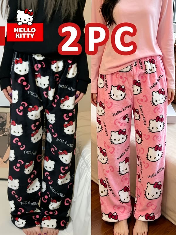Dameforede flannelpyjamasbukser til vinter, maskinvaskbare, uden pilling eller deformation, elastisk vidde ben design for at forlænge benene, Black+Light pink L
