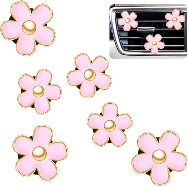 6 stk Daisy Bil Luftventilklips, 3cm & 3.3cm Hvit Bil Luftfrisker, Dashborddekorasjonstilbehør & Bilinteriørpynt pink