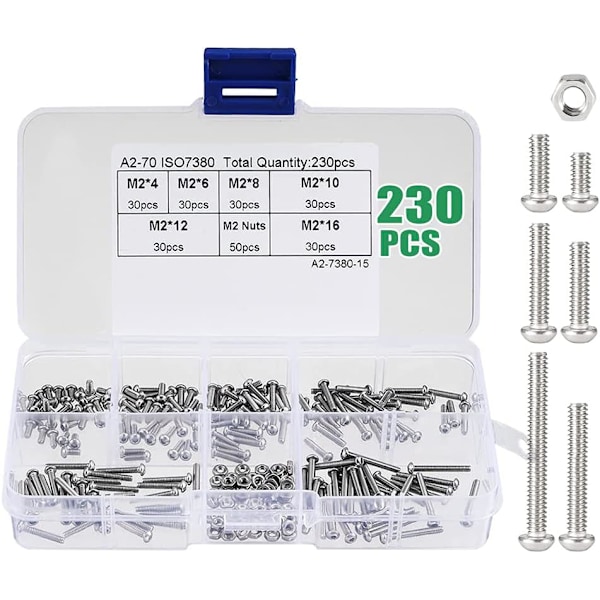 M2-mutterit ja -pultit, 230 kpl M2-kuusiokantapultit ja mutterivalikoima 4 mm 6 mm 8 mm 10 mm 12 mm 16 mm, ruostumattomasta teräksestä valmistetut M2-kuusiokoloruuvit ja mutterisarjat