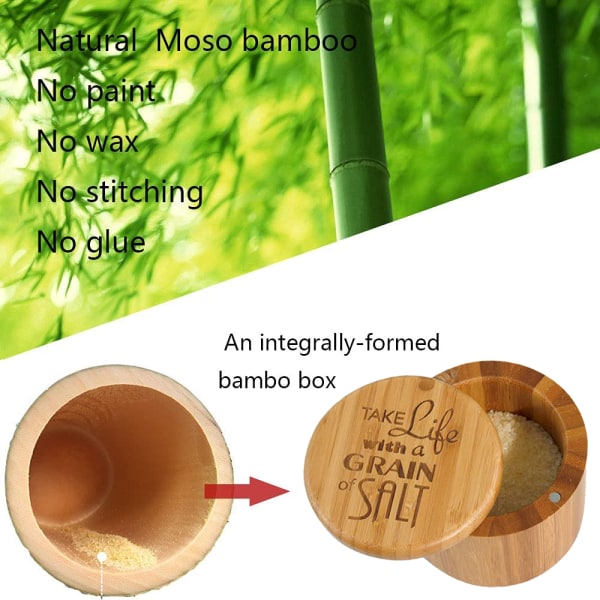 Bambu suola-astia, suolasäiliö kannella, suolasirotin, kulho