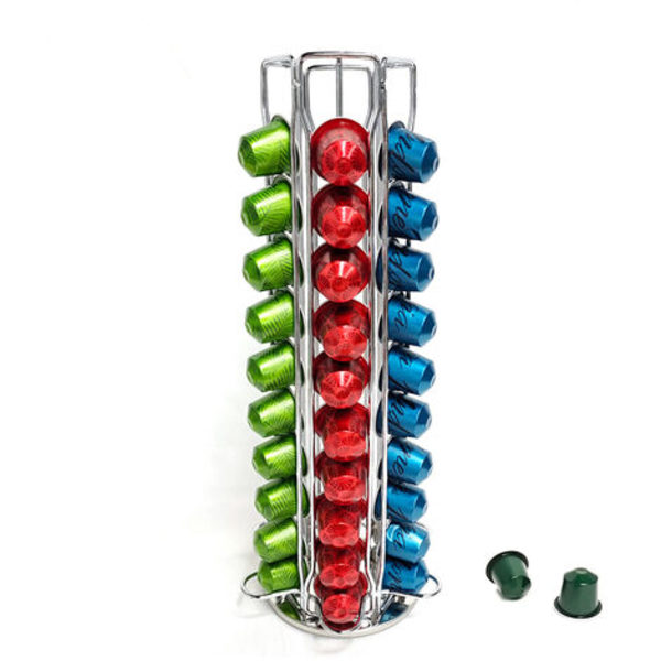 Kapselhållare för Nespresso, Kapselställ för 60 kapslar, Rotationsställ i silver