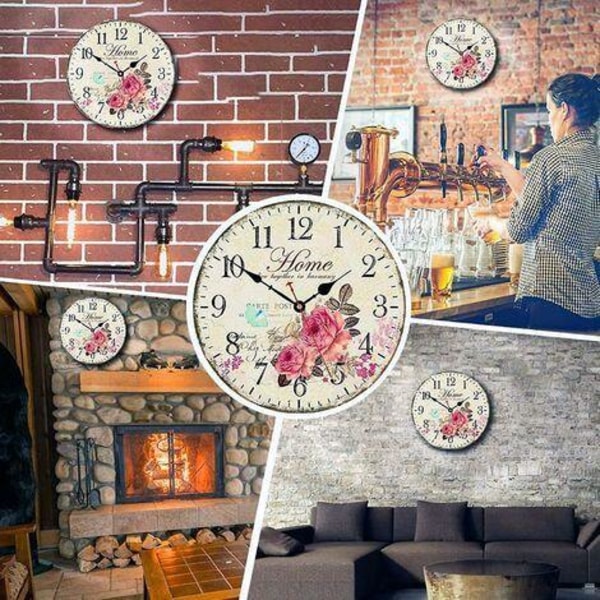 30cm Pink Blomster Væg Ur, Retro Træ Væg Ur til Stue, Soveværelser og Køkken, Kvalitet Farverige Quartz Lydløse Runde Væg Ure (1stk)