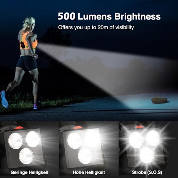 USB-ladattava LED-juoksuvalo rinnassa, 120° säädettävä, 500 lumenia, juoksuvalo heijastavilla nauhoilla juoksuun, kävelyyn, ulkoiluun