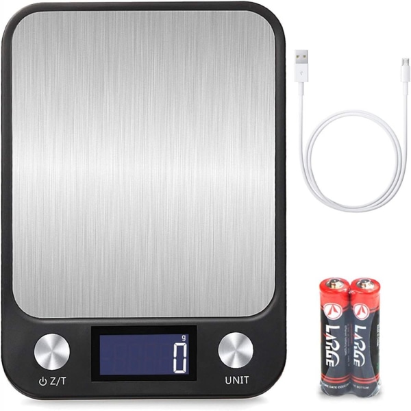 1g til 10 kg Touch Control Digital Køkkenvægt, USB-opladning, Sort