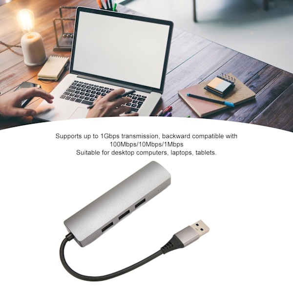 USB til RJ45 Hub 1Gbps 3 USB 3.0 Plug and Play Aluminium Alloy USB til Ethernet Adapter for Laptop Tablet Desktop