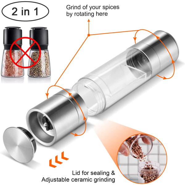 2-i-1 salt- og pepperkvernsett i rustfritt stål