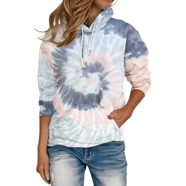 Kvinder Casual Langærmet Hoodies Løs Tie Dye Farveblok Sweatshirt Pullover Toppe med Lomme Lille