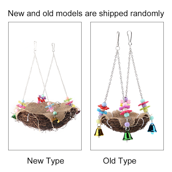 Rattan Nest Bird Hanging Nest Toy with Bells Bird Swing Standing Perch Toy Cage Hammock(S)