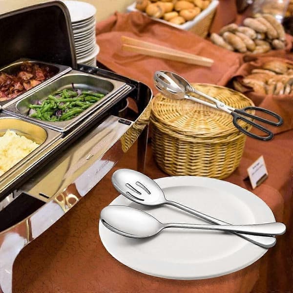 Serveringsske-sæt, inkluderer 2 serveringsskeer og 2 hulskeer, 8 3/4\" rustfrit stål buffet- og banketskeer