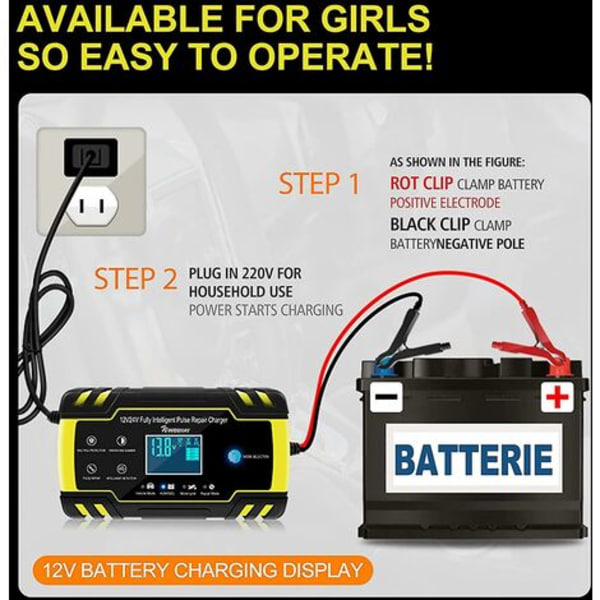 8A 12V/24V bærbar smart batterilader med LCD-berøringsskjerm