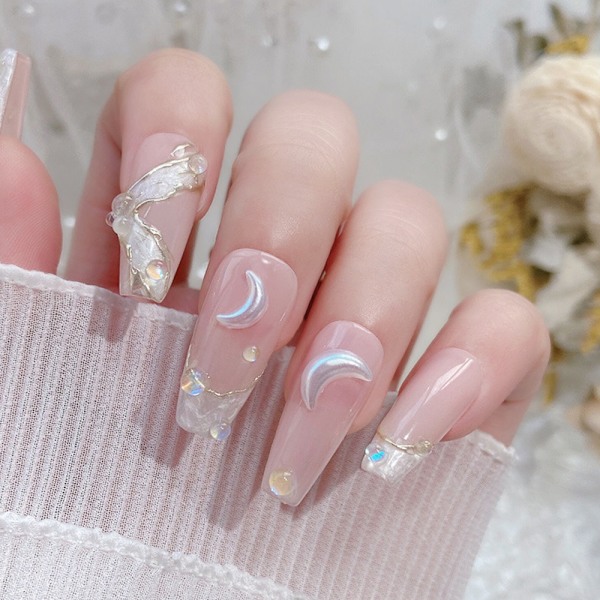 1200 st vita nageldekorationer platta måne/ovala former 3D nageldekorationer