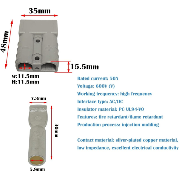 Batteri-kontakt 50A snabbkontakt med 8AWG elektrisk kabel (60 cm röd/60 cm svart) för motorcykel gaffeltruckar