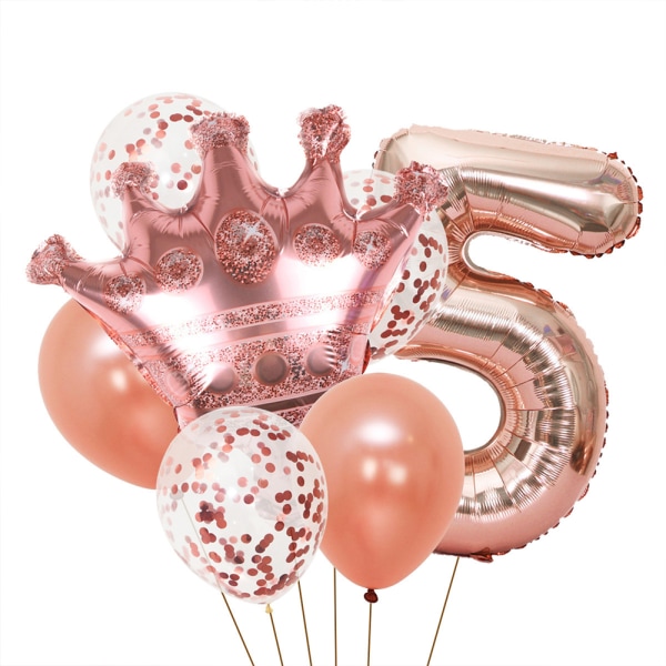 Fødselsdagspynt - Rose guld-nummerballon og kroneballon,