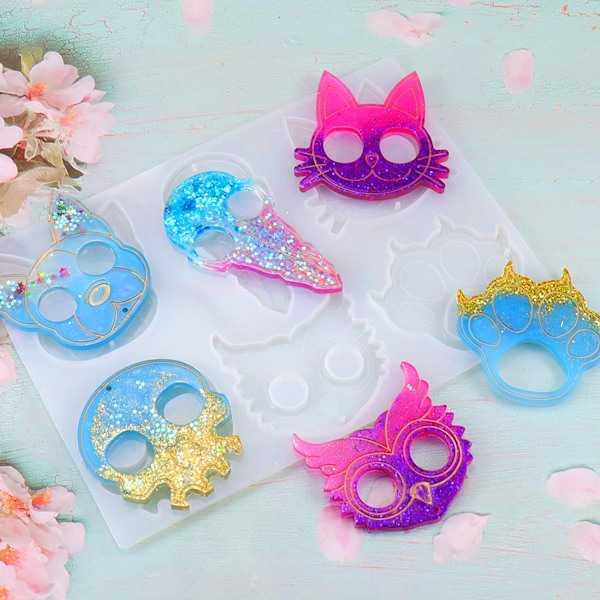 Selvforsvarsnøkkelring harpiksform, silikon anti-ulve epoksystøpeform med 10 stk nøkkelringer for å lage smykkeanheng Crystal Crafts (Cat Claw Owl