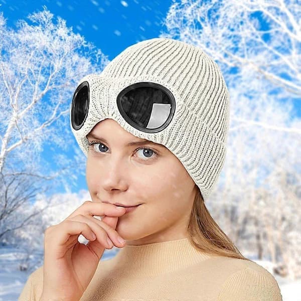 Unisex Goggles Stickad Mössa Vindtät Varm Vintermössa White